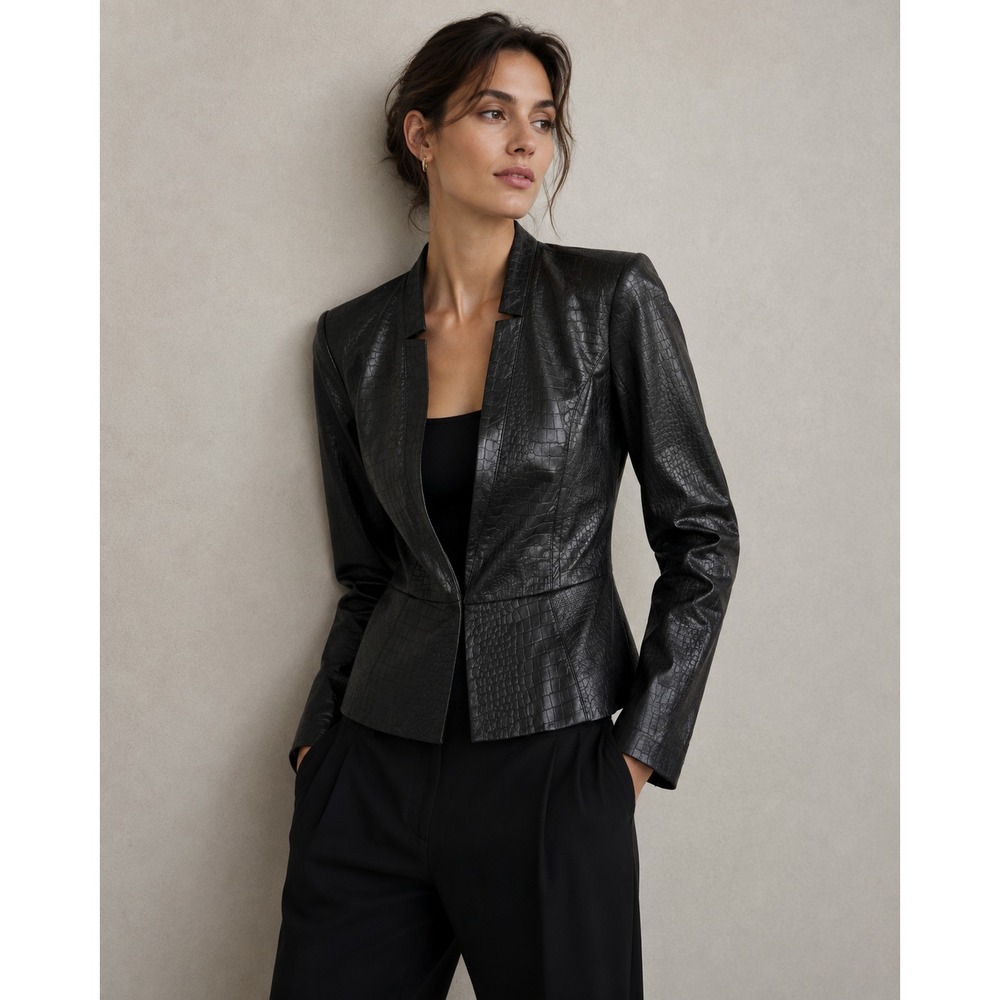 VTG 90s Y2K Bebe Leather Croc Embossed Blazer Jacket Women's M Black Peplum Hem